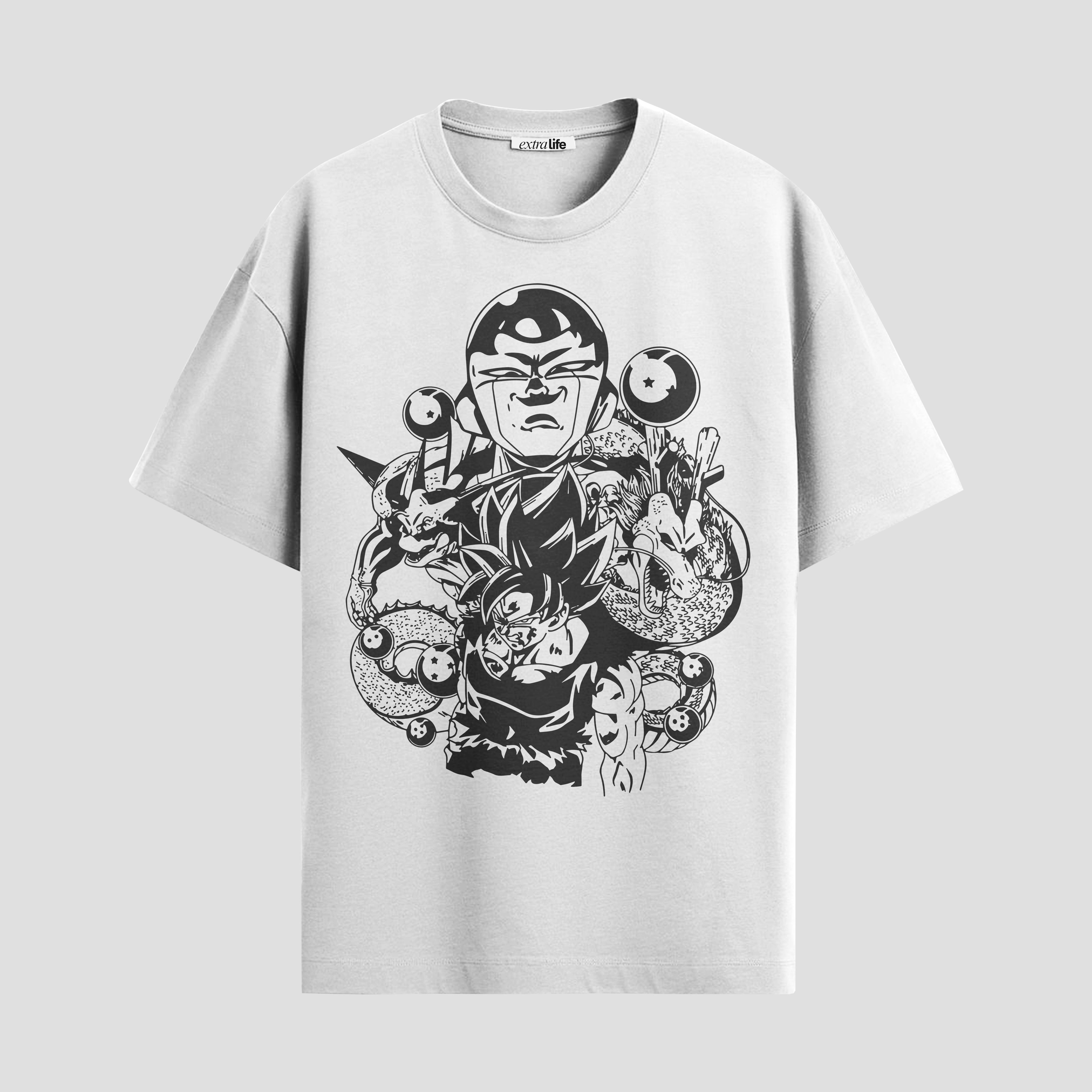 Playera urbana de anime y gaming ExtraLife MX, corte Standard Fit unisex ligero y transpirable en color Deep Black y Pure White, ropa de uso diario para gym y casual.