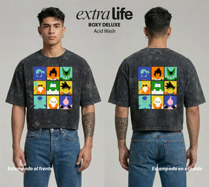 Playera streetwear premium de anime y gaming ExtraLife MX, corte boxy deluxe mineral wash heavyweight en color Acid Wash, moda urbana mexicana de culto.