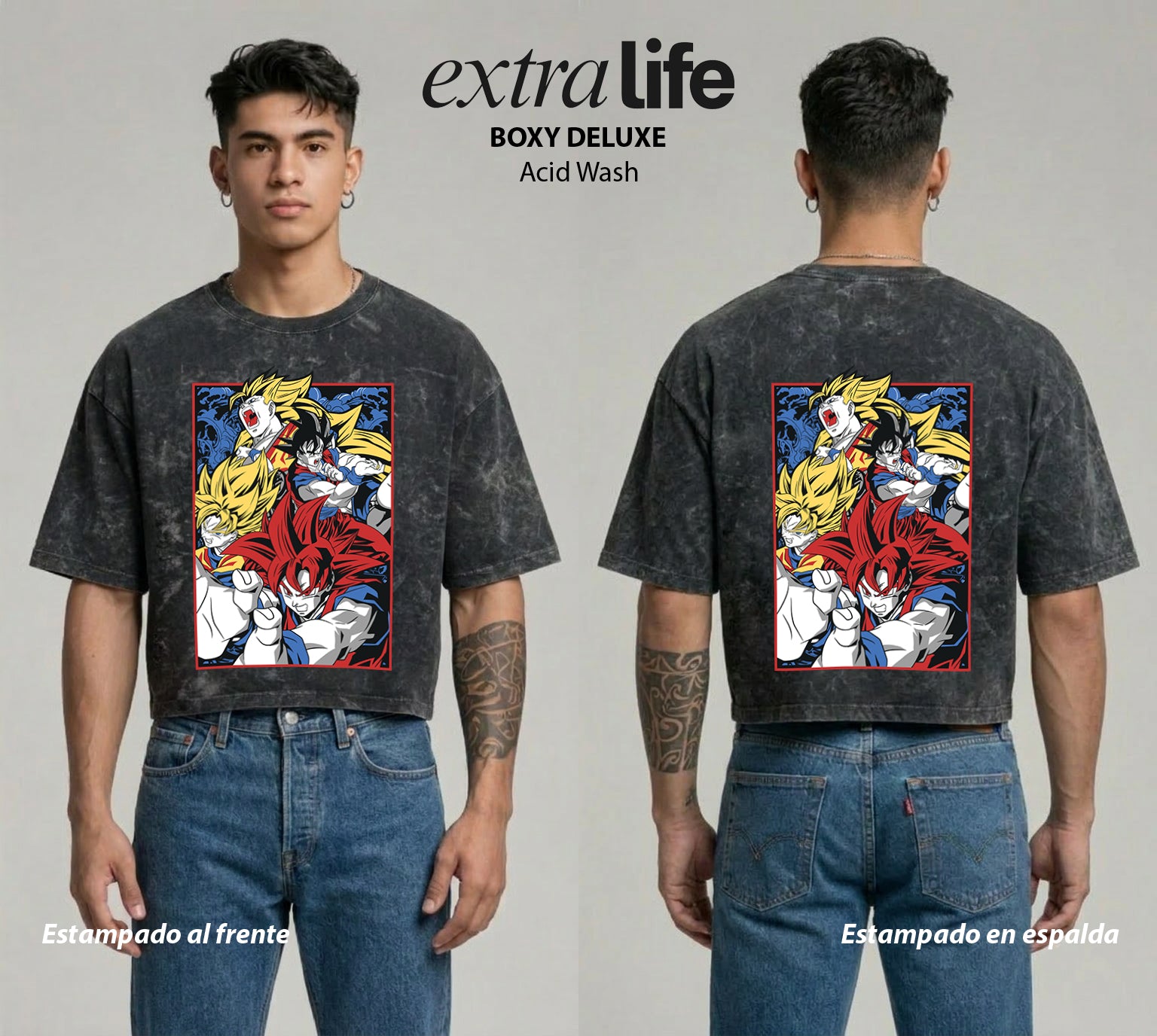 Playera streetwear premium de anime y gaming ExtraLife MX, corte boxy deluxe mineral wash heavyweight en color Acid Wash, moda urbana mexicana de culto.