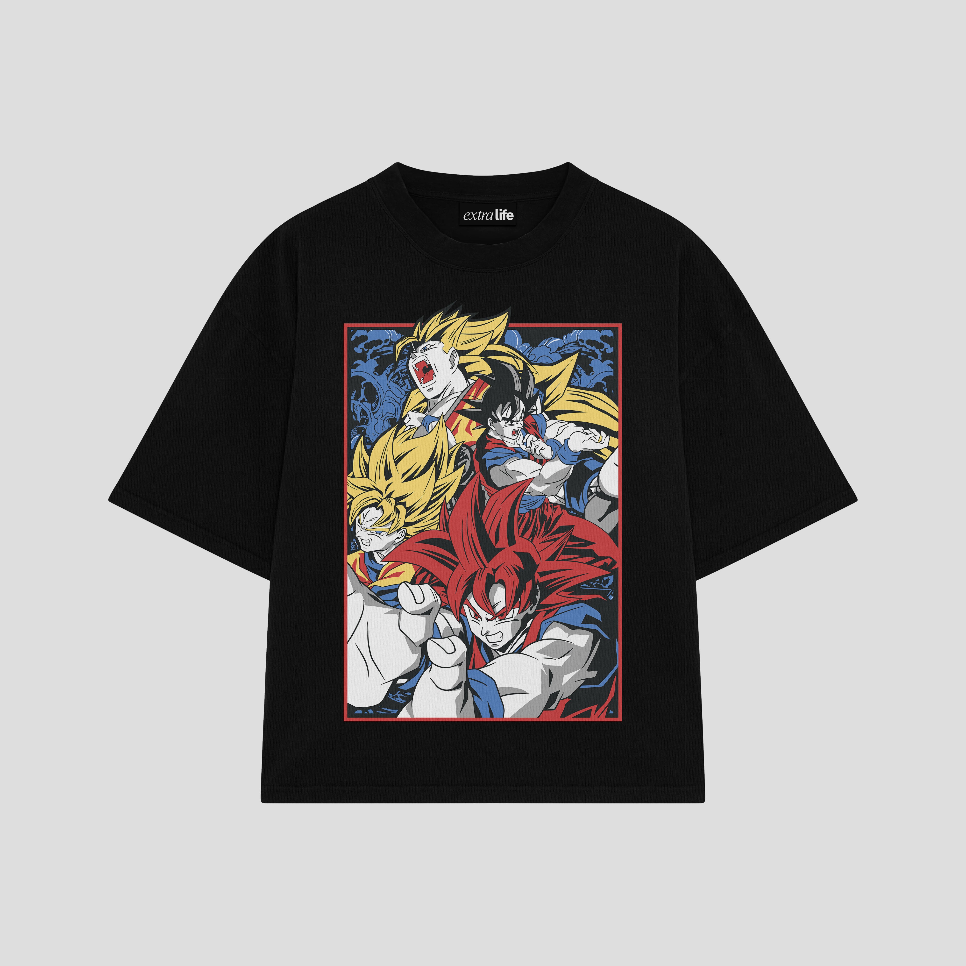 Playera streetwear premium de anime y gaming ExtraLife MX, corte boxy oversized drop shoulder heavyweight en color Deep Black y Off-White, moda urbana mexicana de culto.