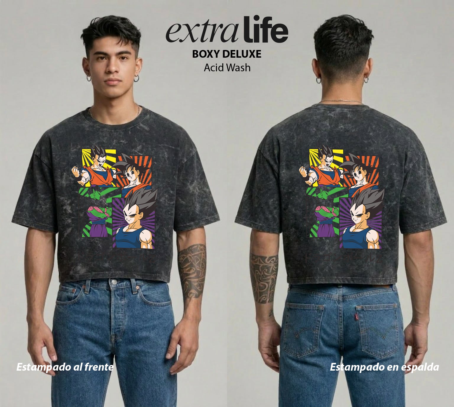 Playera streetwear premium de anime y gaming ExtraLife MX, corte boxy deluxe mineral wash heavyweight en color Acid Wash, moda urbana mexicana de culto.