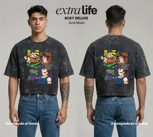 Playera streetwear premium de anime y gaming ExtraLife MX, corte boxy deluxe mineral wash heavyweight en color Acid Wash, moda urbana mexicana de culto.