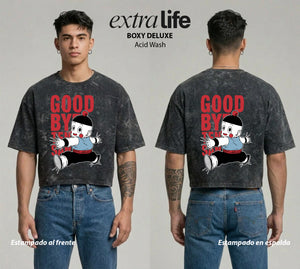 Playera streetwear premium de anime y gaming ExtraLife MX, corte boxy deluxe mineral wash heavyweight en color Acid Wash, moda urbana mexicana de culto.