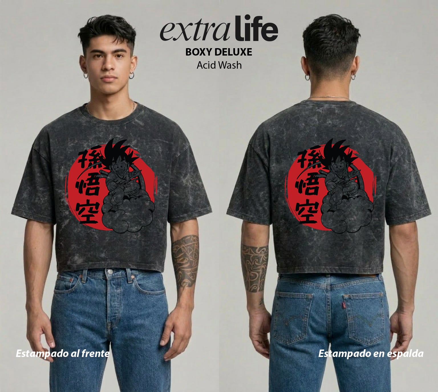 Playera streetwear premium de anime y gaming ExtraLife MX, corte boxy deluxe mineral wash heavyweight en color Acid Wash, moda urbana mexicana de culto.