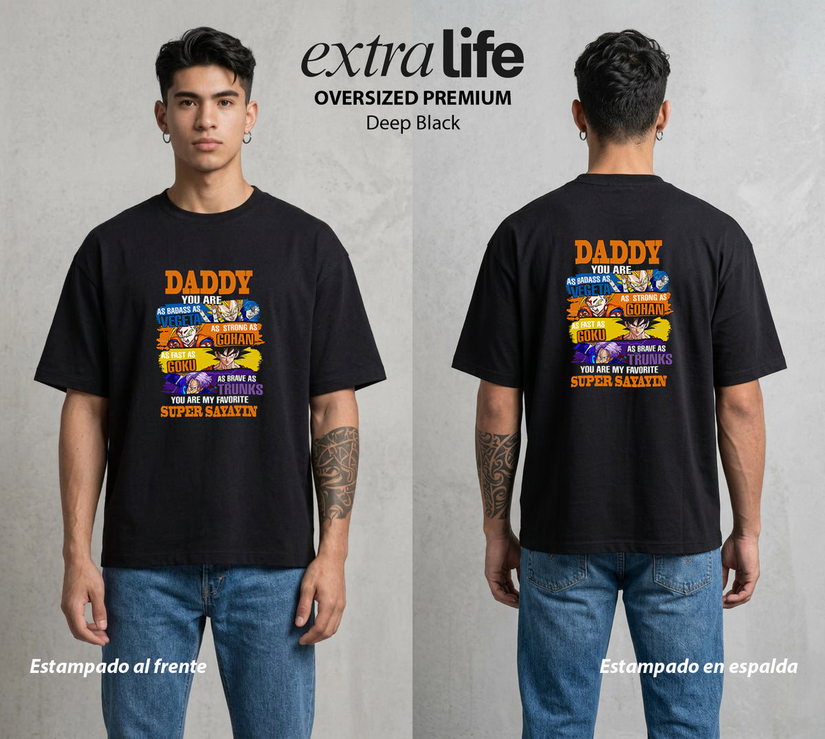 El Poder de las Esferas | Papa Super Saiyajin #00710 - Playera Oversized Premium | Deep Black - Foto en modelo