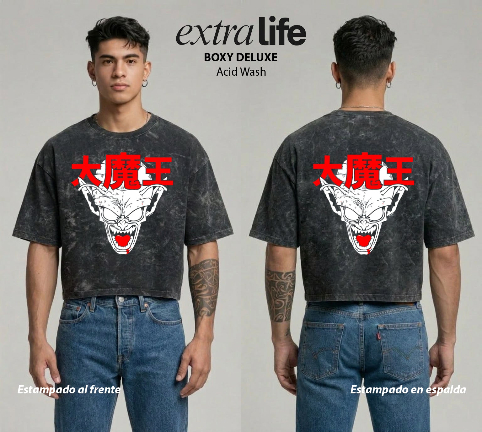 Playera streetwear premium de anime y gaming ExtraLife MX, corte boxy deluxe mineral wash heavyweight en color Acid Wash, moda urbana mexicana de culto.