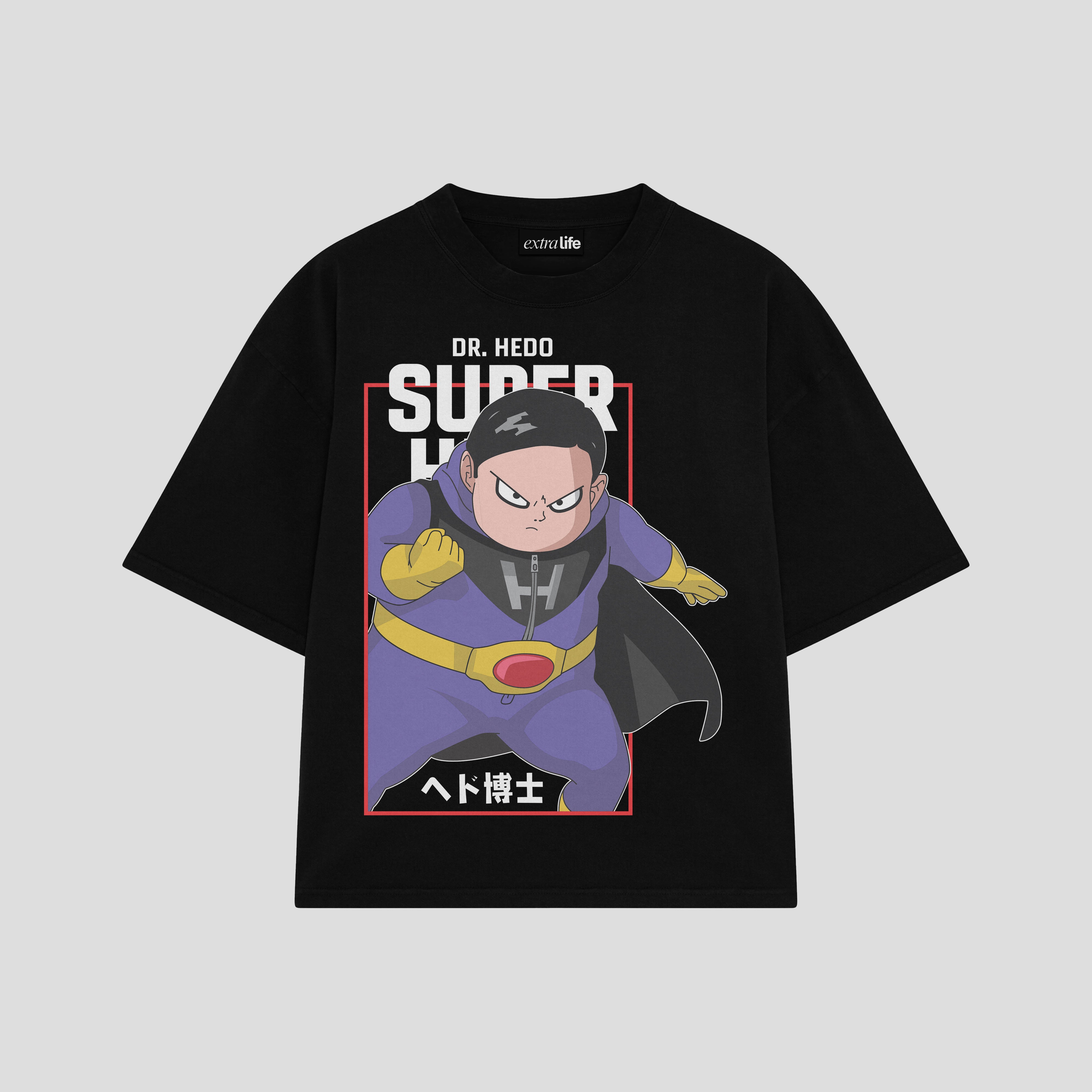 Playera streetwear premium de anime y gaming ExtraLife MX, corte boxy oversized drop shoulder heavyweight en color Deep Black y Off-White, moda urbana mexicana de culto.