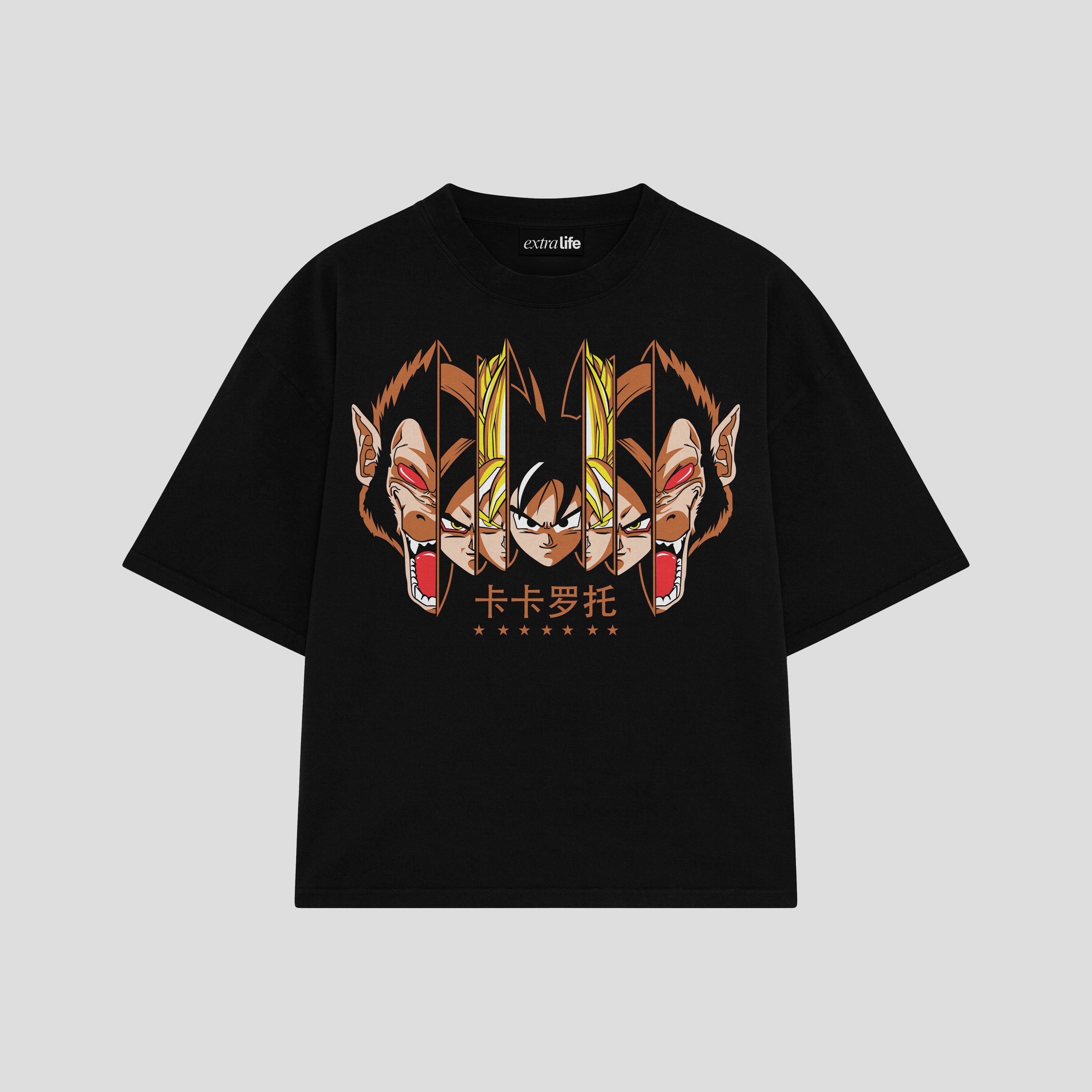 Playera streetwear premium de anime y gaming ExtraLife MX, corte boxy oversized drop shoulder heavyweight en color Deep Black y Off-White, moda urbana mexicana de culto.
