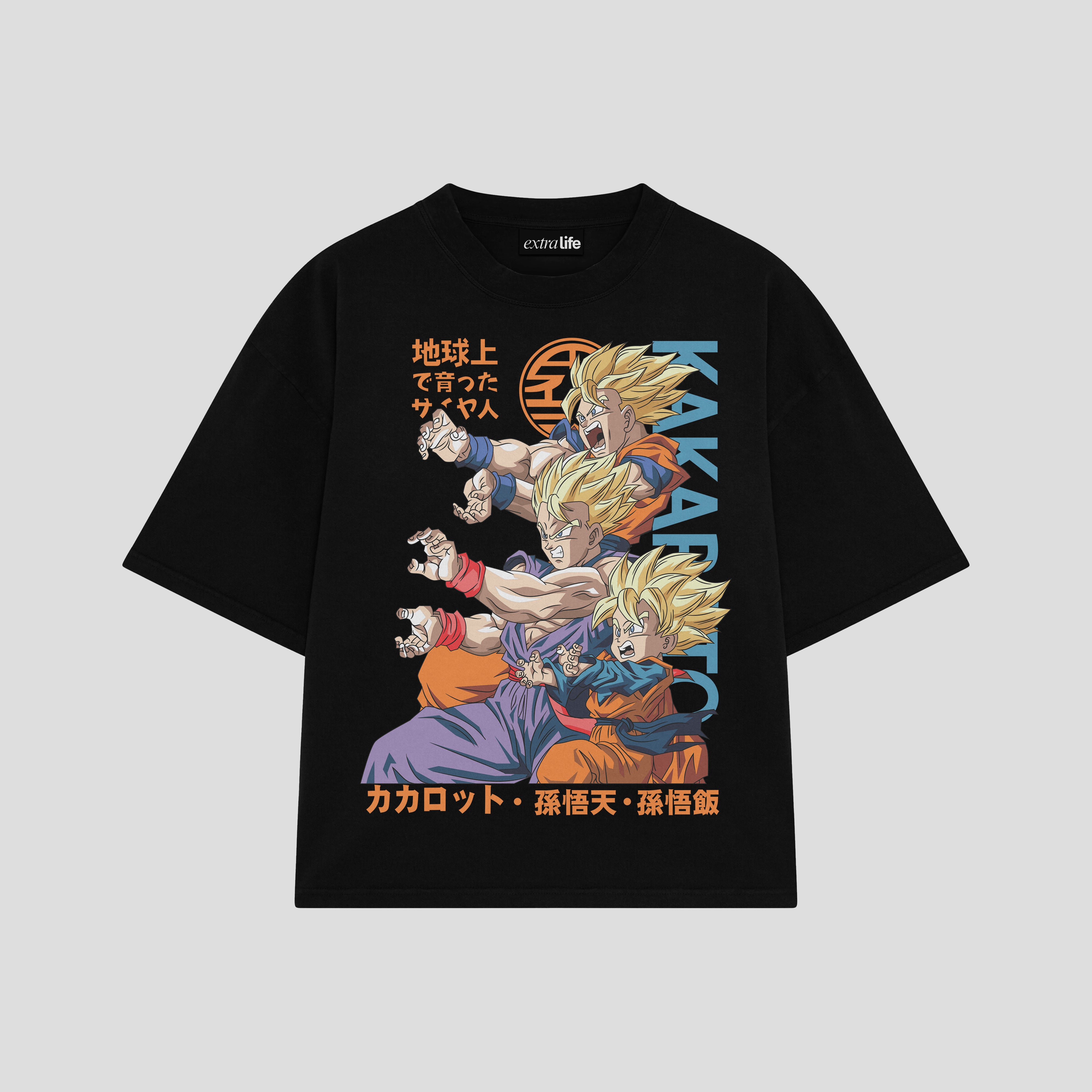 Playera streetwear premium de anime y gaming ExtraLife MX, corte boxy oversized drop shoulder heavyweight en color Deep Black y Off-White, moda urbana mexicana de culto.