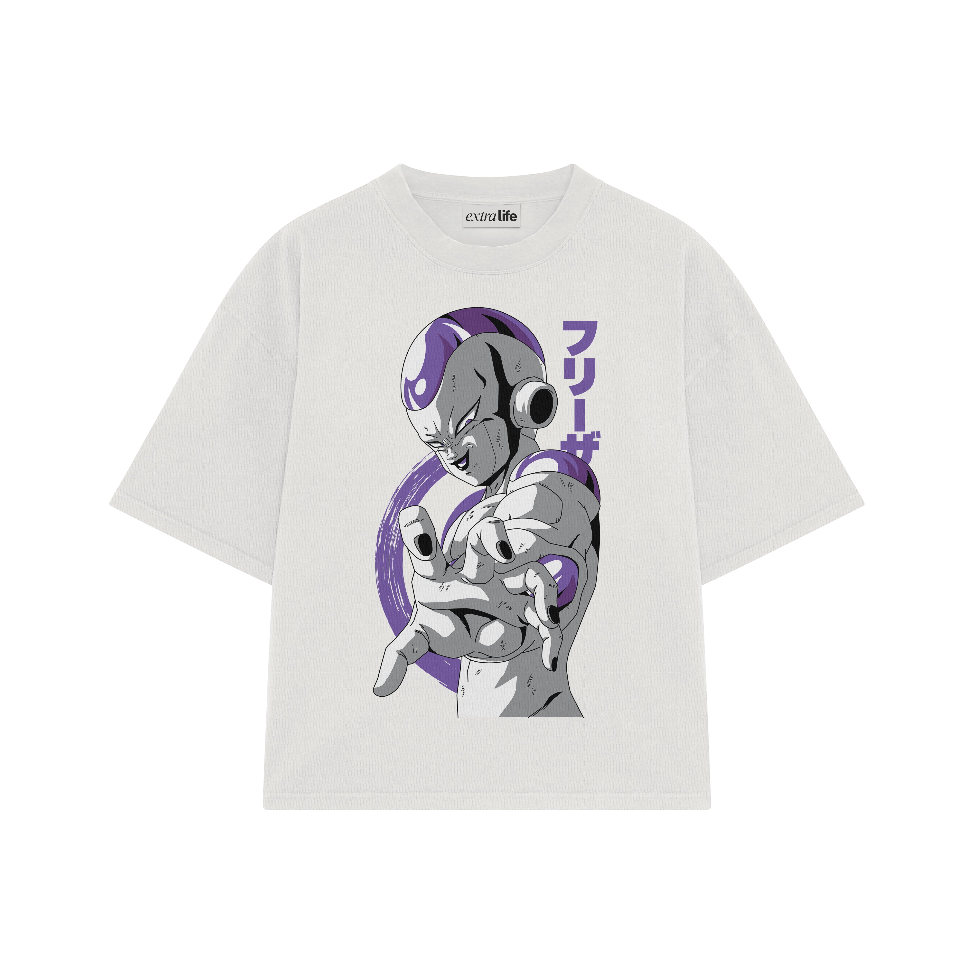 Playera streetwear premium de anime y gaming ExtraLife MX, corte boxy oversized drop shoulder heavyweight en color Deep Black y Off-White, moda urbana mexicana de culto.