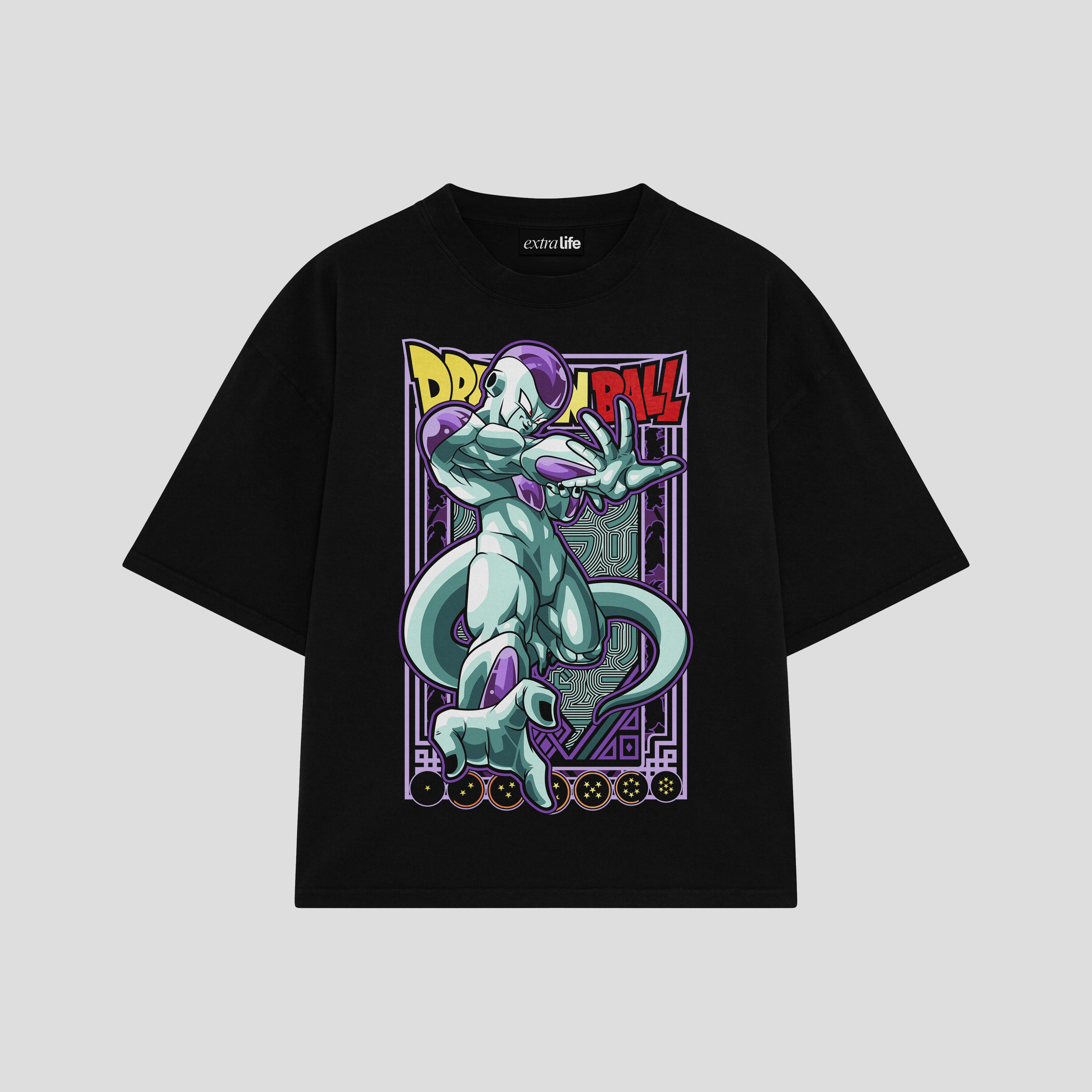 Playera streetwear premium de anime y gaming ExtraLife MX, corte boxy oversized drop shoulder heavyweight en color Deep Black y Off-White, moda urbana mexicana de culto.