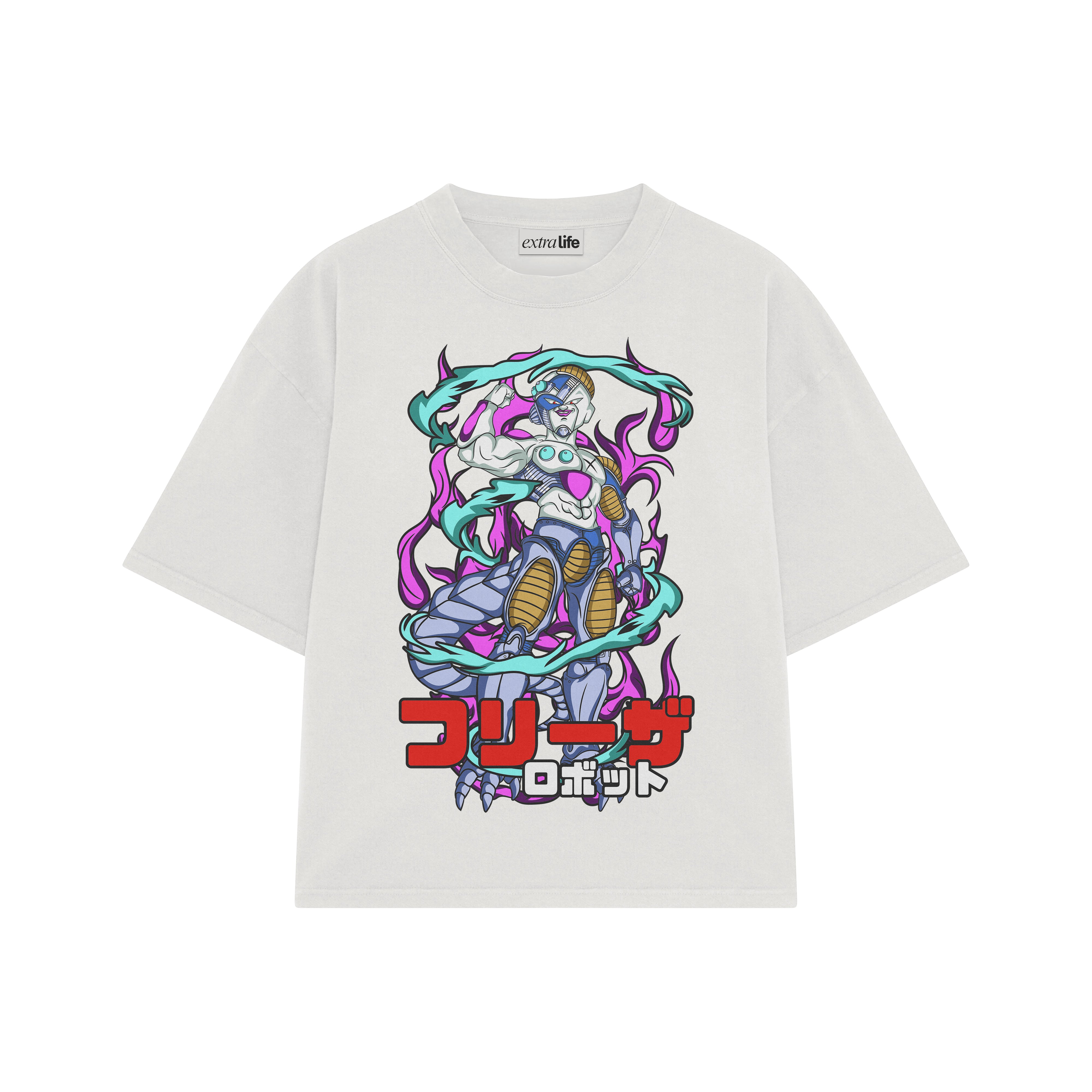 Playera streetwear premium de anime y gaming ExtraLife MX, corte boxy oversized drop shoulder heavyweight en color Deep Black y Off-White, moda urbana mexicana de culto.