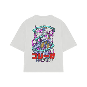 Playera streetwear premium de anime y gaming ExtraLife MX, corte boxy oversized drop shoulder heavyweight en color Deep Black y Off-White, moda urbana mexicana de culto.