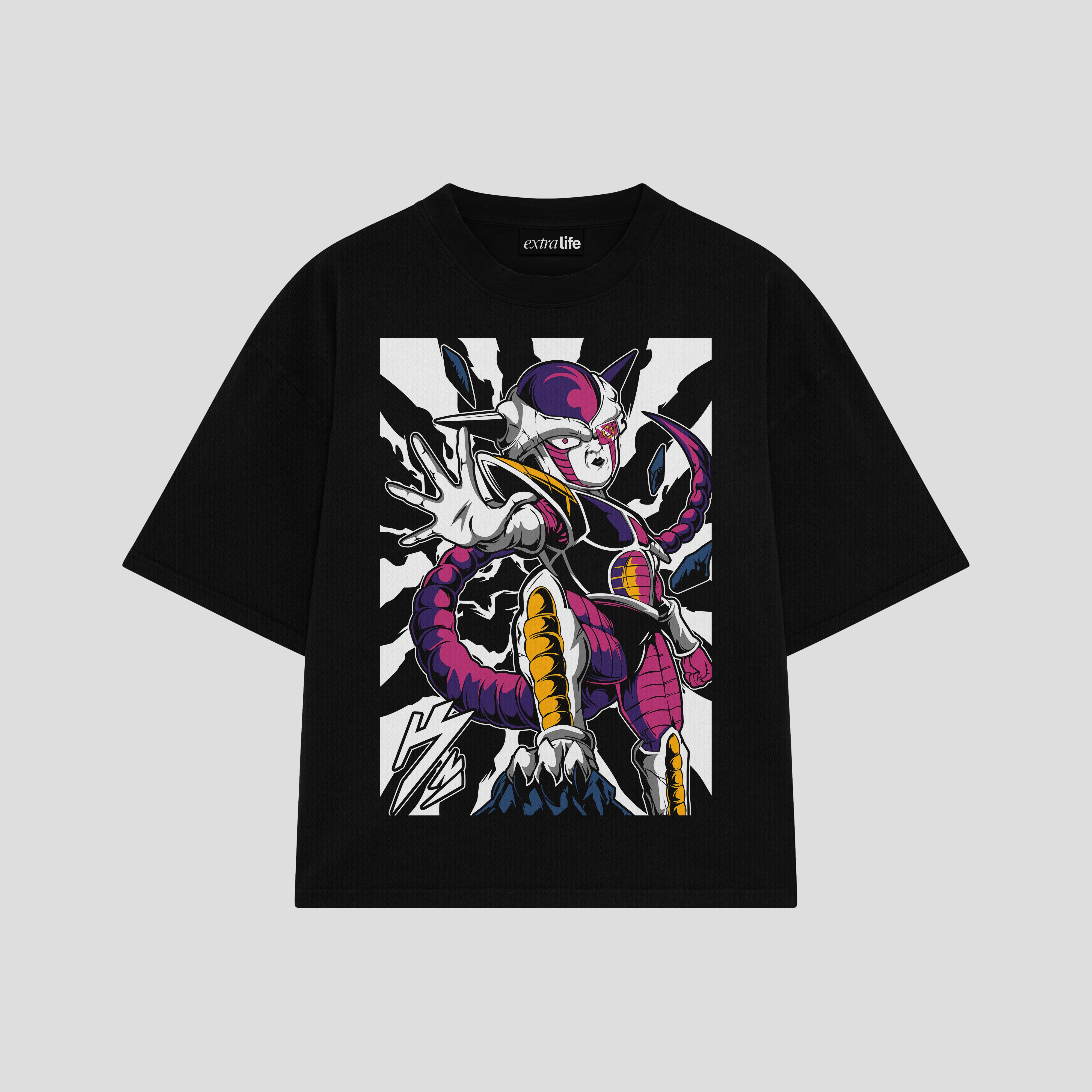 Playera streetwear premium de anime y gaming ExtraLife MX, corte boxy oversized drop shoulder heavyweight en color Deep Black y Off-White, moda urbana mexicana de culto.