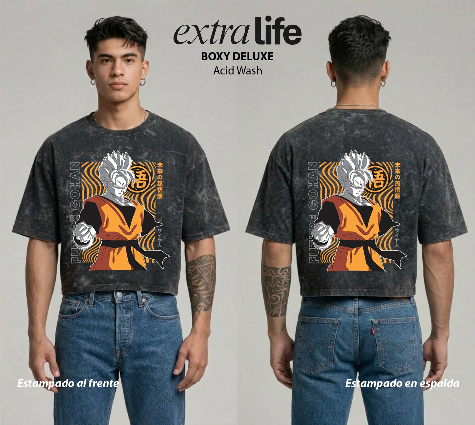 Playera streetwear premium de anime y gaming ExtraLife MX, corte boxy deluxe mineral wash heavyweight en color Acid Wash, moda urbana mexicana de culto.