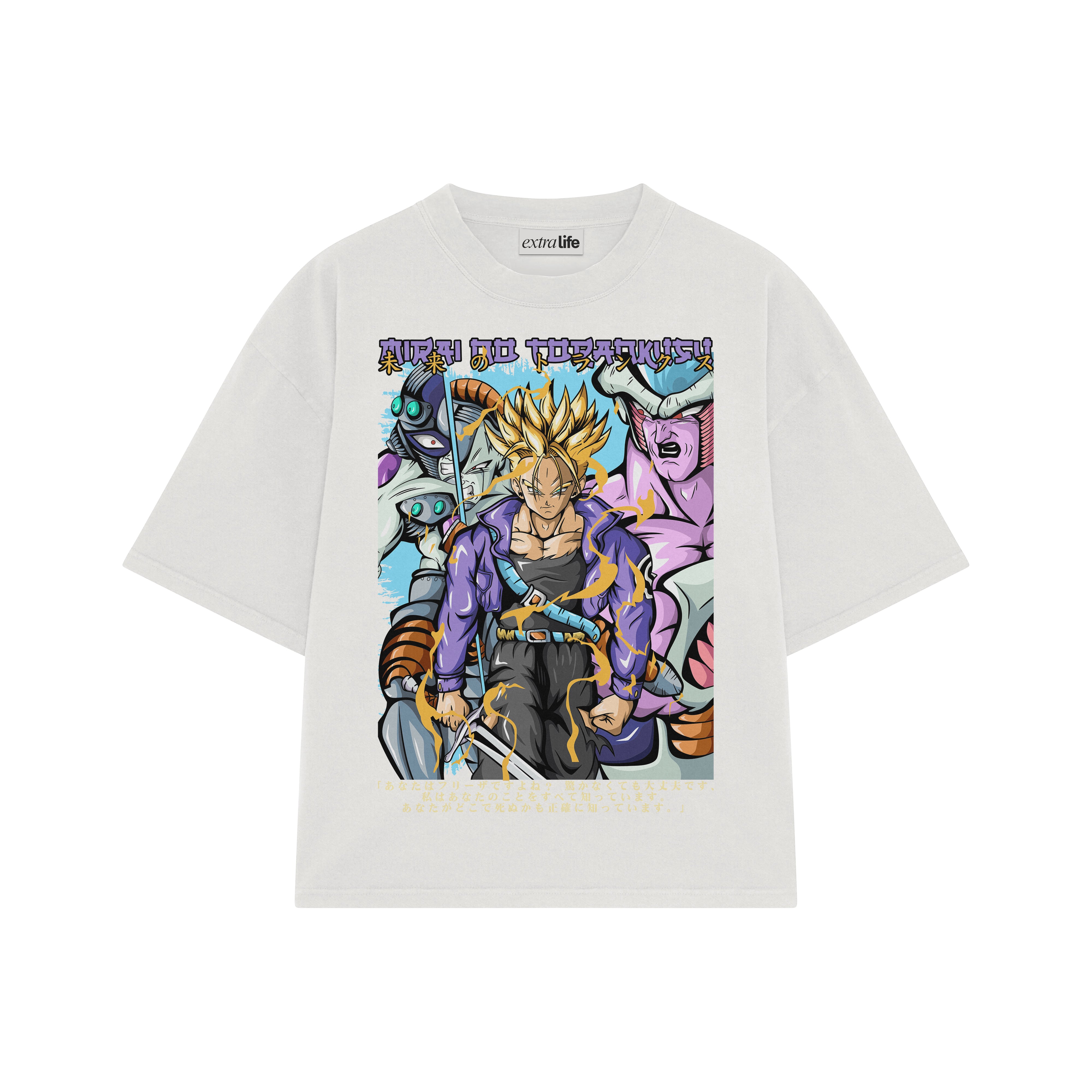 Playera streetwear premium de anime y gaming ExtraLife MX, corte boxy oversized drop shoulder heavyweight en color Deep Black y Off-White, moda urbana mexicana de culto.