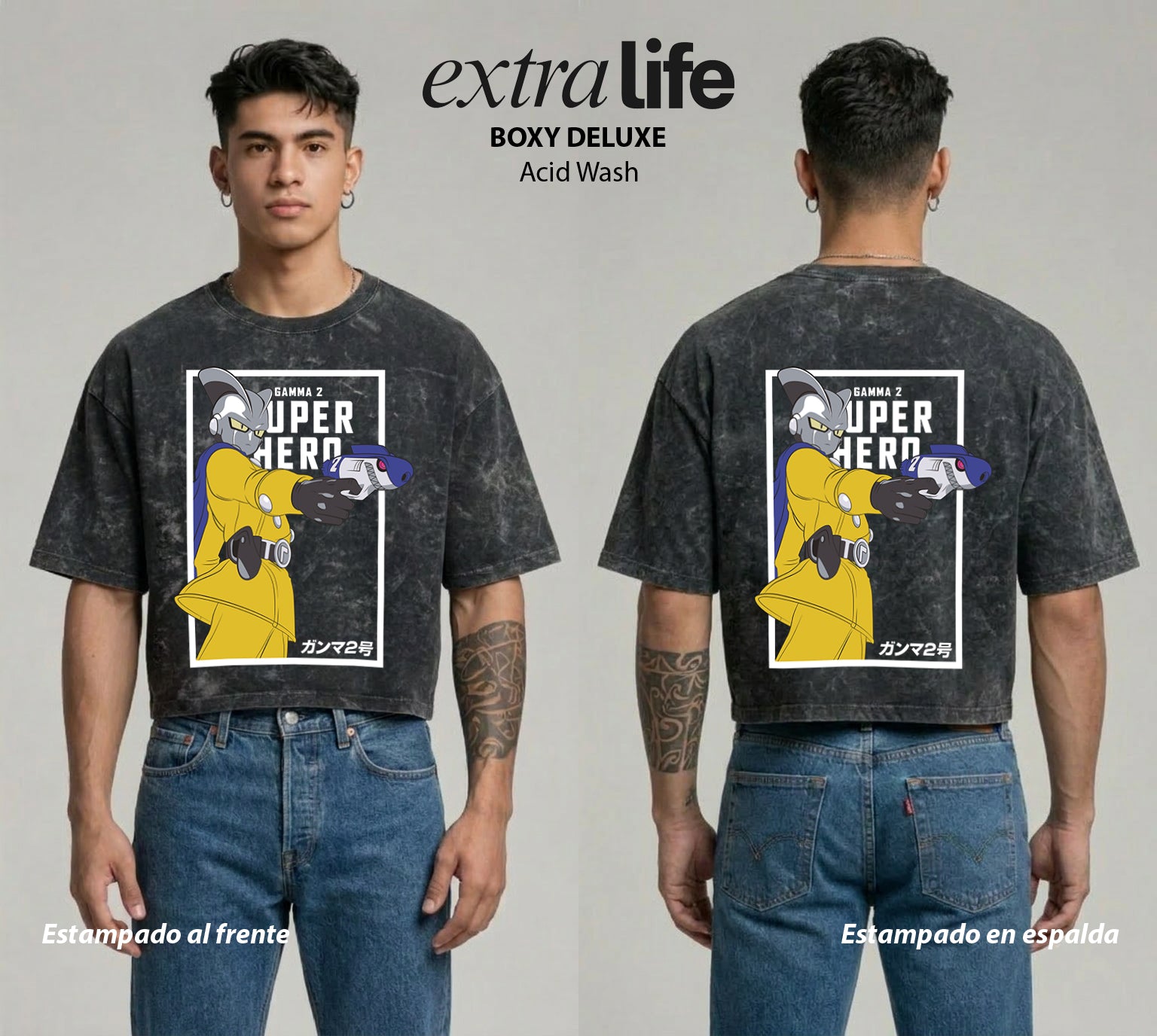 Playera streetwear premium de anime y gaming ExtraLife MX, corte boxy deluxe mineral wash heavyweight en color Acid Wash, moda urbana mexicana de culto.