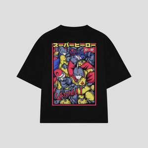 Playera streetwear premium de anime y gaming ExtraLife MX, corte boxy oversized drop shoulder heavyweight en color Deep Black y Off-White, moda urbana mexicana de culto.