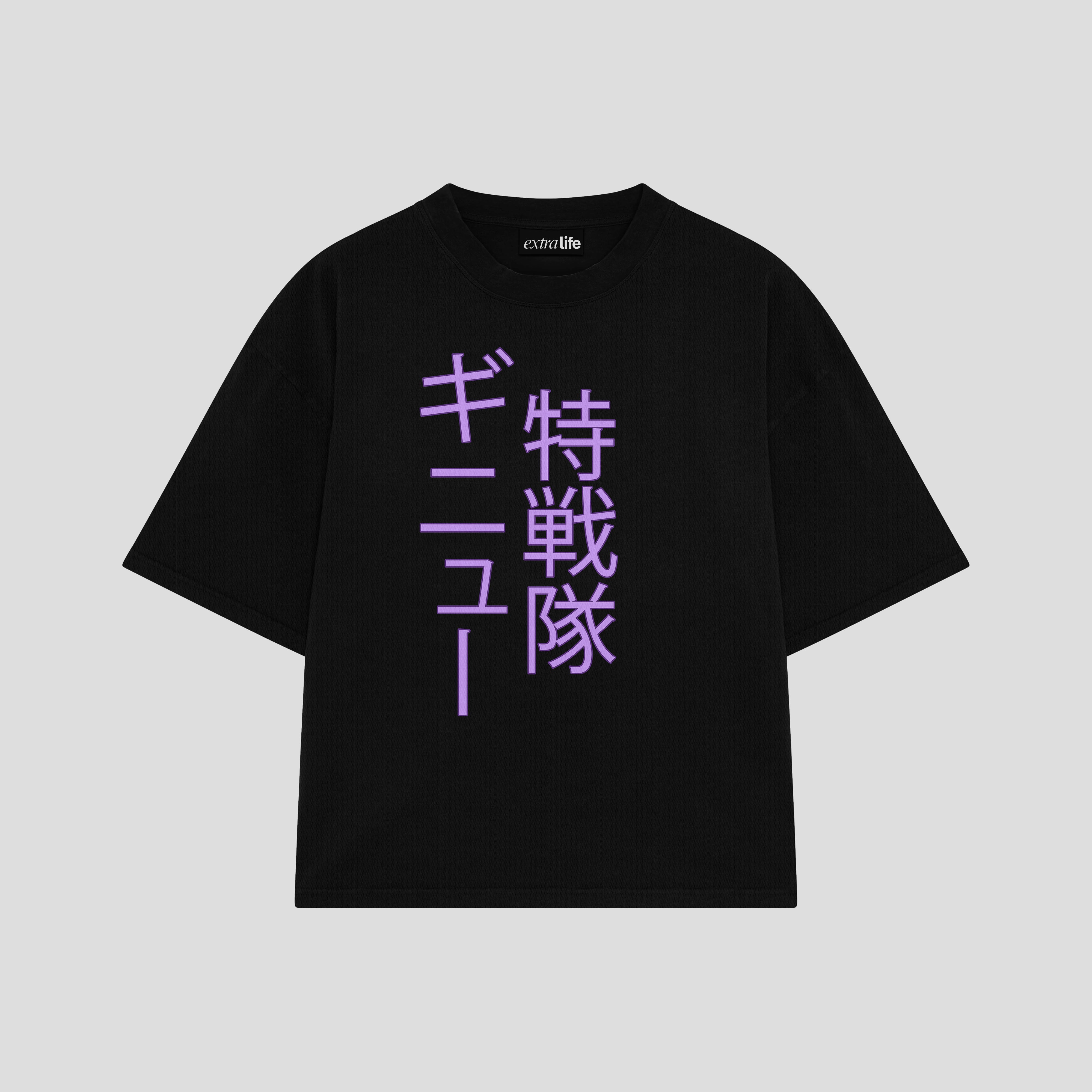Playera streetwear premium de anime y gaming ExtraLife MX, corte boxy oversized drop shoulder heavyweight en color Deep Black y Off-White, moda urbana mexicana de culto.