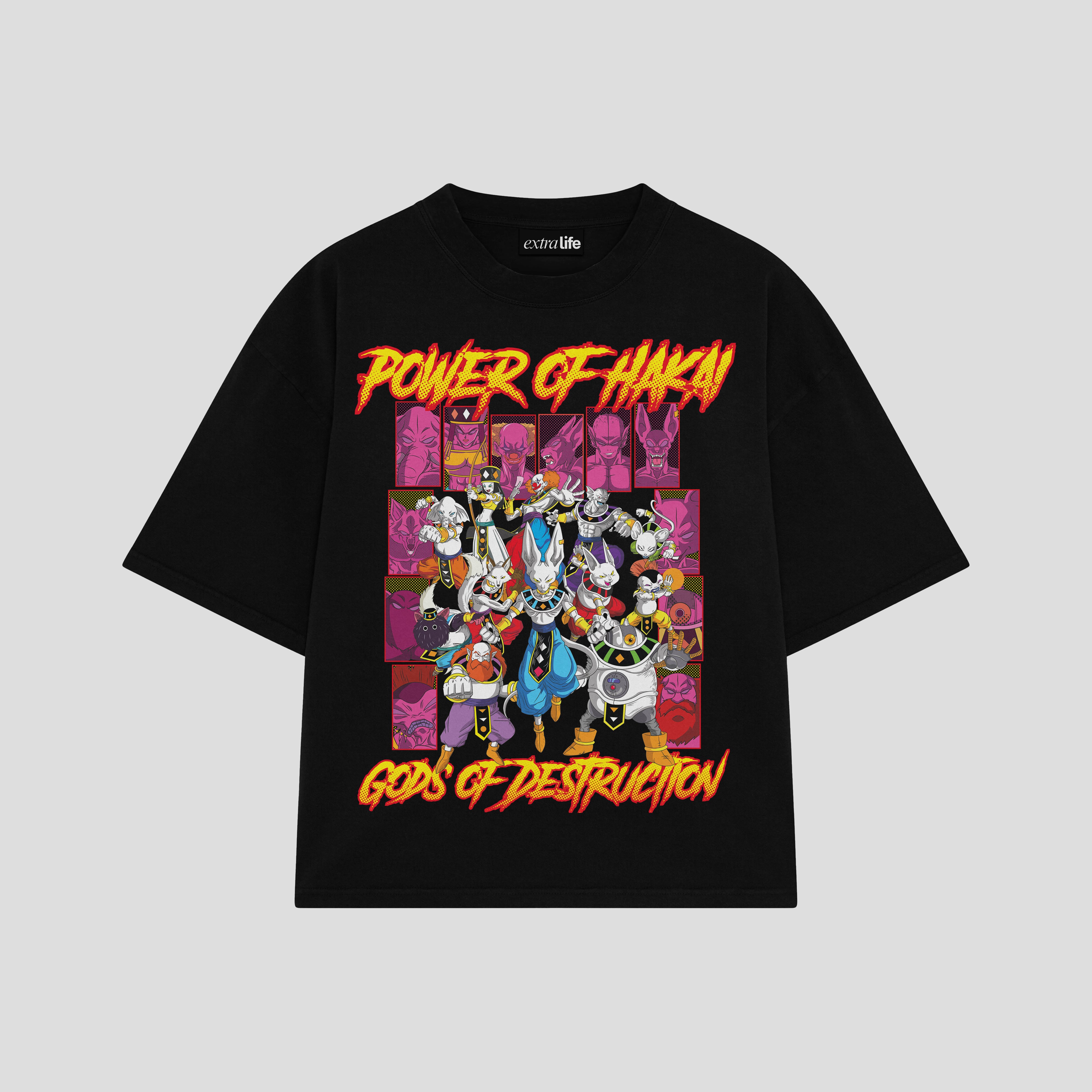 Playera streetwear premium de anime y gaming ExtraLife MX, corte boxy oversized drop shoulder heavyweight en color Deep Black y Off-White, moda urbana mexicana de culto.
