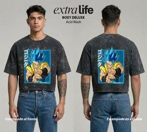 Playera streetwear premium de anime y gaming ExtraLife MX, corte boxy deluxe mineral wash heavyweight en color Acid Wash, moda urbana mexicana de culto.