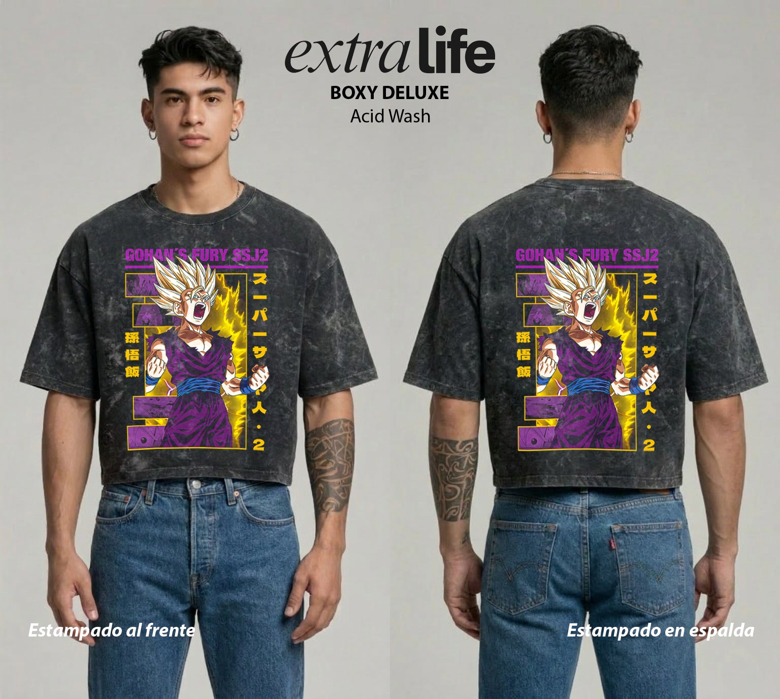 Playera streetwear premium de anime y gaming ExtraLife MX, corte boxy deluxe mineral wash heavyweight en color Acid Wash, moda urbana mexicana de culto.
