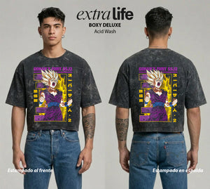 Playera streetwear premium de anime y gaming ExtraLife MX, corte boxy deluxe mineral wash heavyweight en color Acid Wash, moda urbana mexicana de culto.