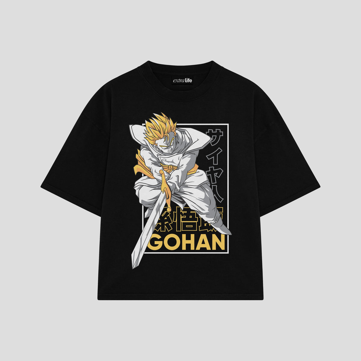 Playera streetwear premium de anime y gaming ExtraLife MX, corte oversized drop shoulder ligero y fresco en color Deep Black y Off-White, moda urbana mexicana de culto.