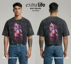 Playera streetwear premium de anime y gaming ExtraLife MX, corte boxy deluxe mineral wash heavyweight en color Acid Wash, moda urbana mexicana de culto.