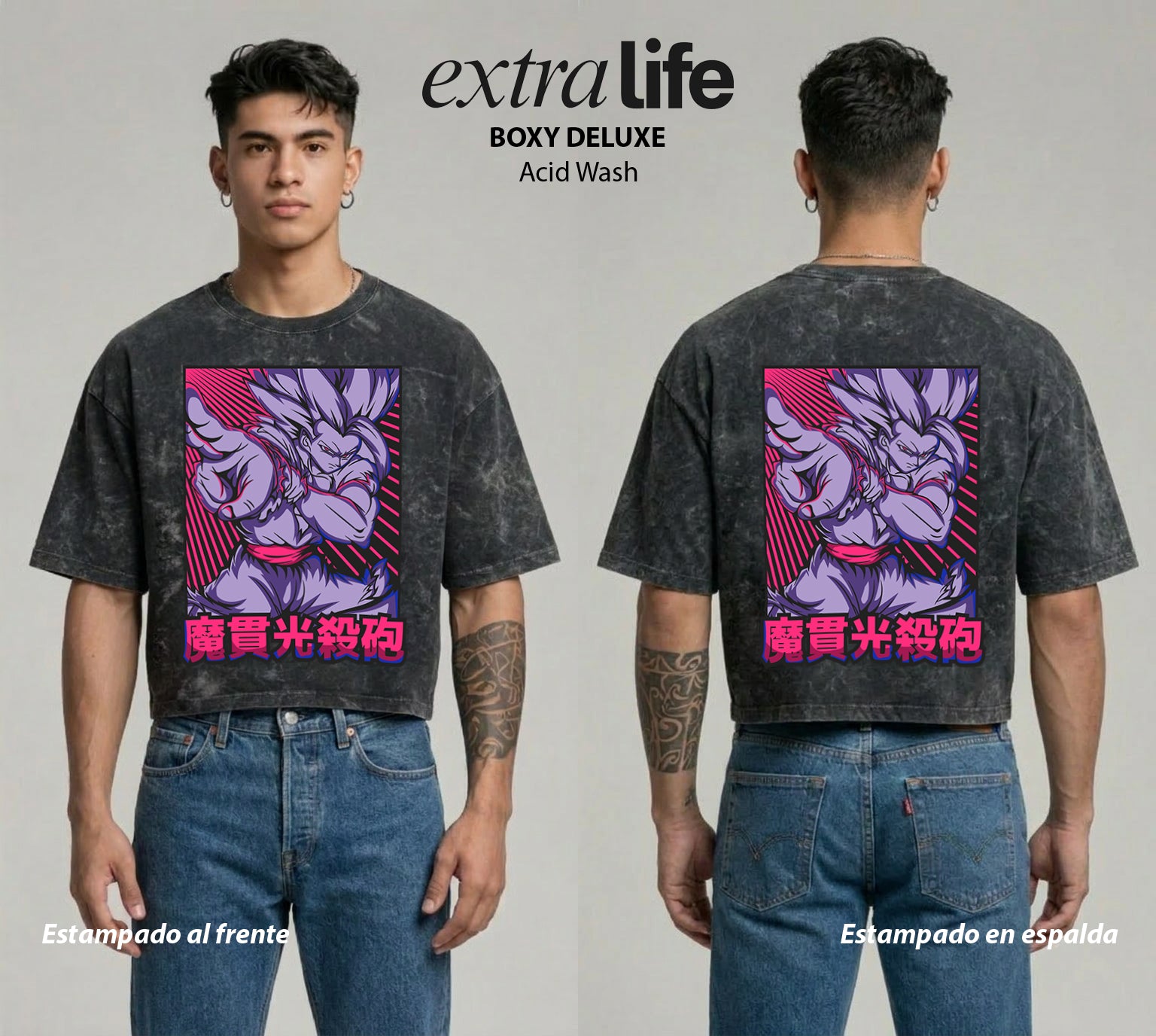 Playera streetwear premium de anime y gaming ExtraLife MX, corte boxy deluxe mineral wash heavyweight en color Acid Wash, moda urbana mexicana de culto.