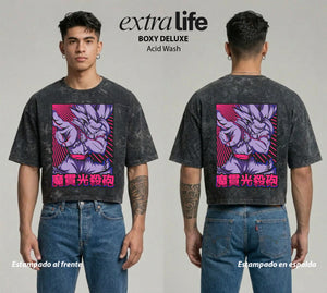 Playera streetwear premium de anime y gaming ExtraLife MX, corte boxy deluxe mineral wash heavyweight en color Acid Wash, moda urbana mexicana de culto.