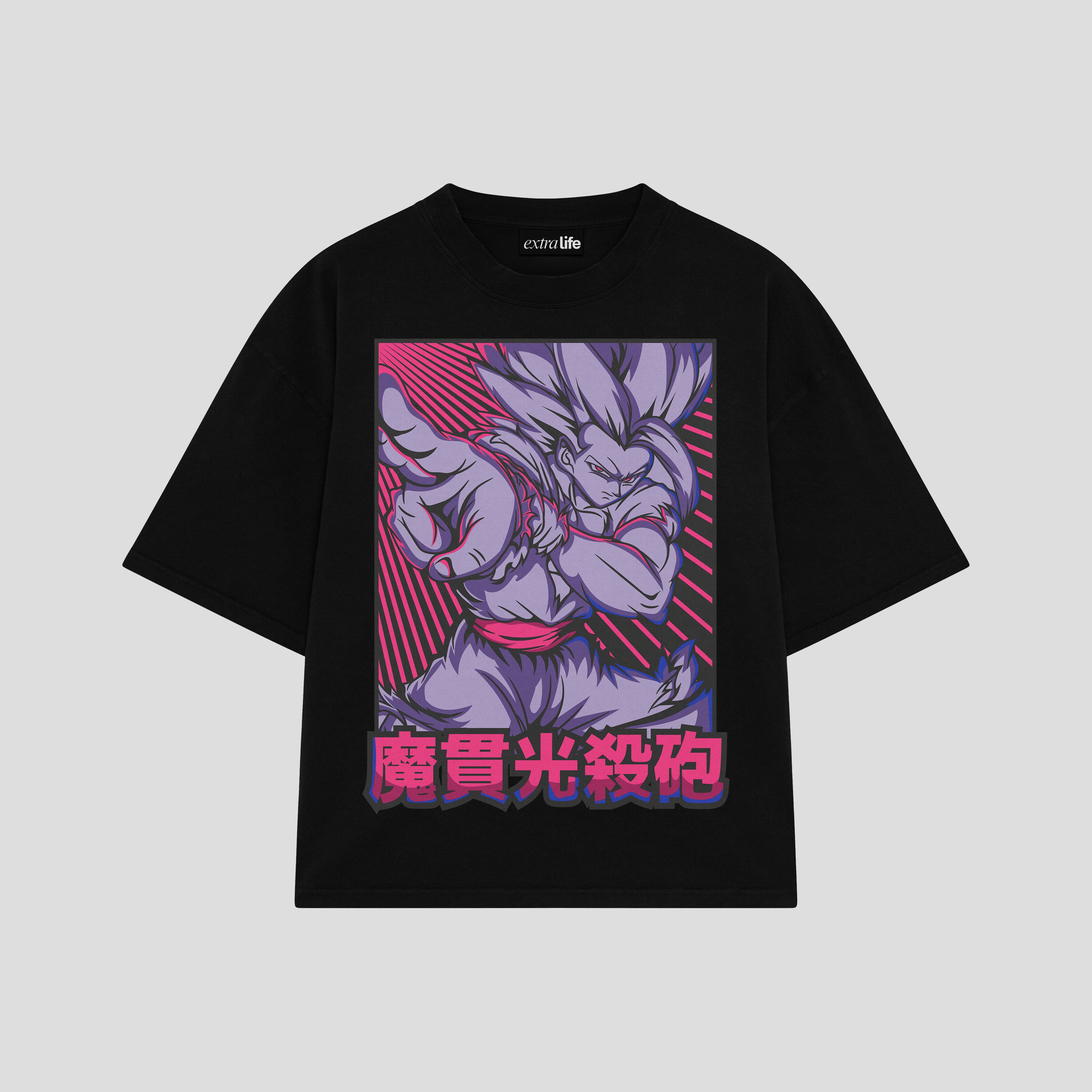 Playera streetwear premium de anime y gaming ExtraLife MX, corte boxy oversized drop shoulder heavyweight en color Deep Black y Off-White, moda urbana mexicana de culto.