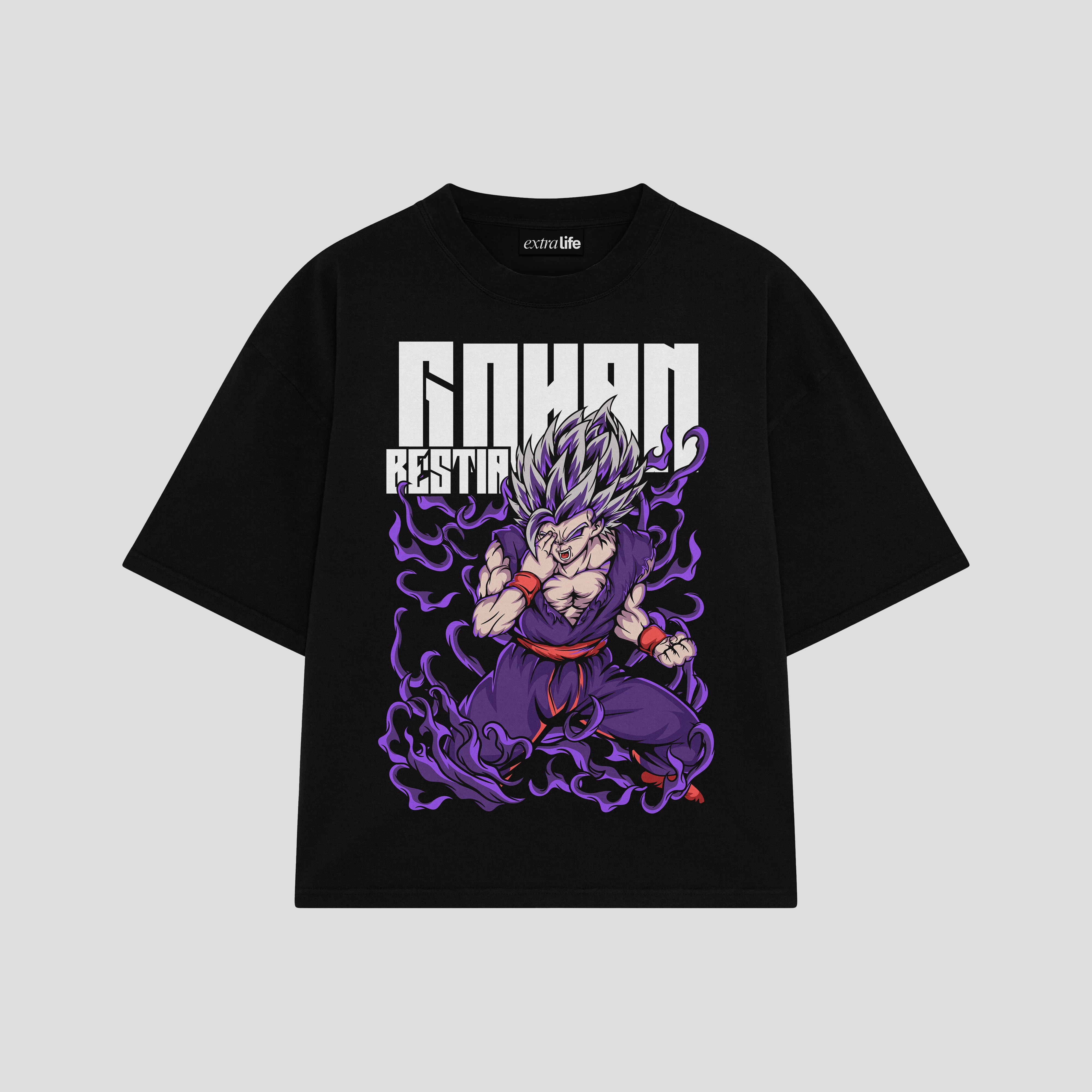 Playera streetwear premium de anime y gaming ExtraLife MX, corte boxy oversized drop shoulder heavyweight en color Deep Black y Off-White, moda urbana mexicana de culto.