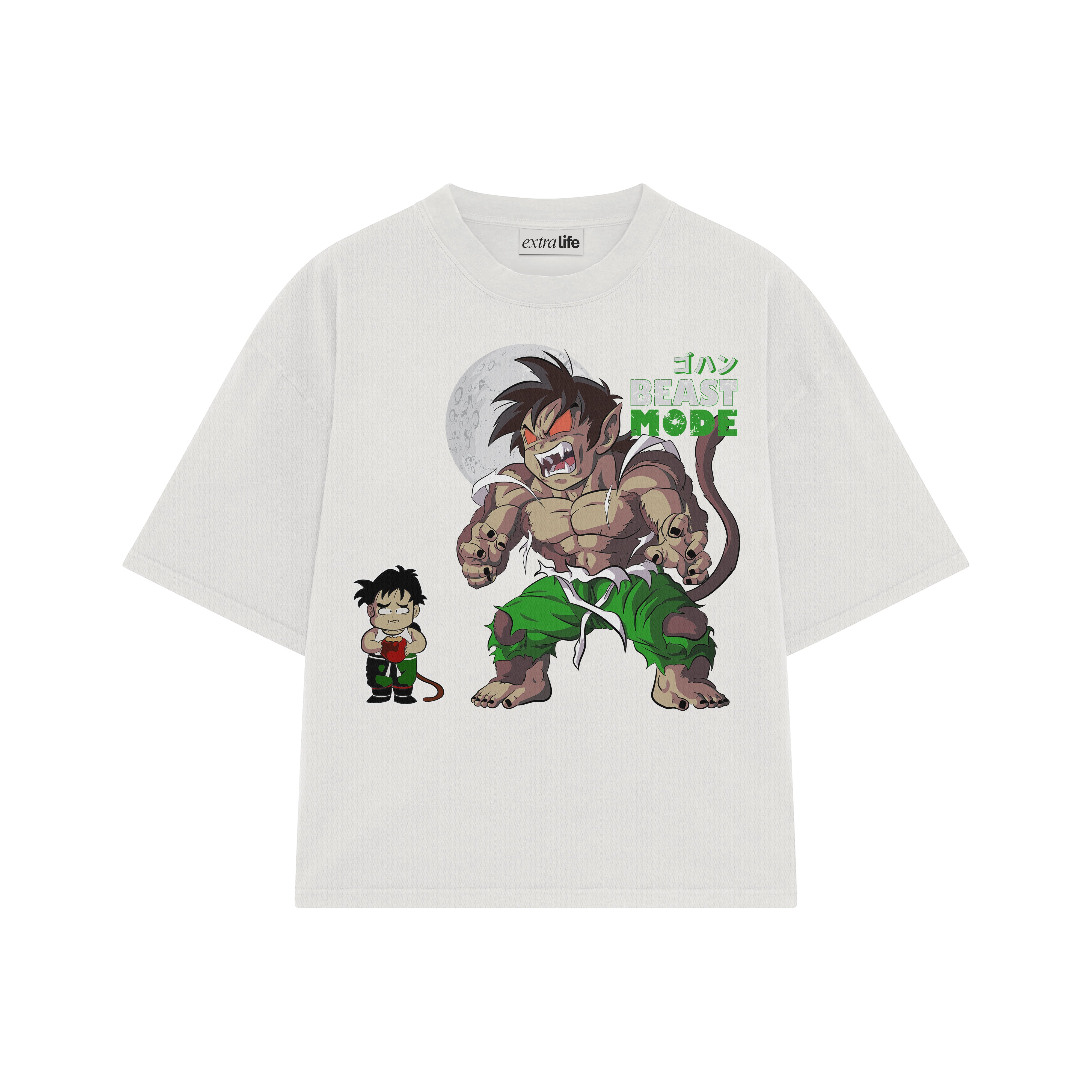 Playera streetwear premium de anime y gaming ExtraLife MX, corte boxy oversized drop shoulder heavyweight en color Deep Black y Off-White, moda urbana mexicana de culto.