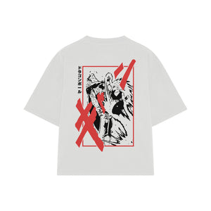 Playera streetwear premium de anime y gaming ExtraLife MX, corte boxy oversized drop shoulder heavyweight en color Deep Black y Off-White, moda urbana mexicana de culto.
