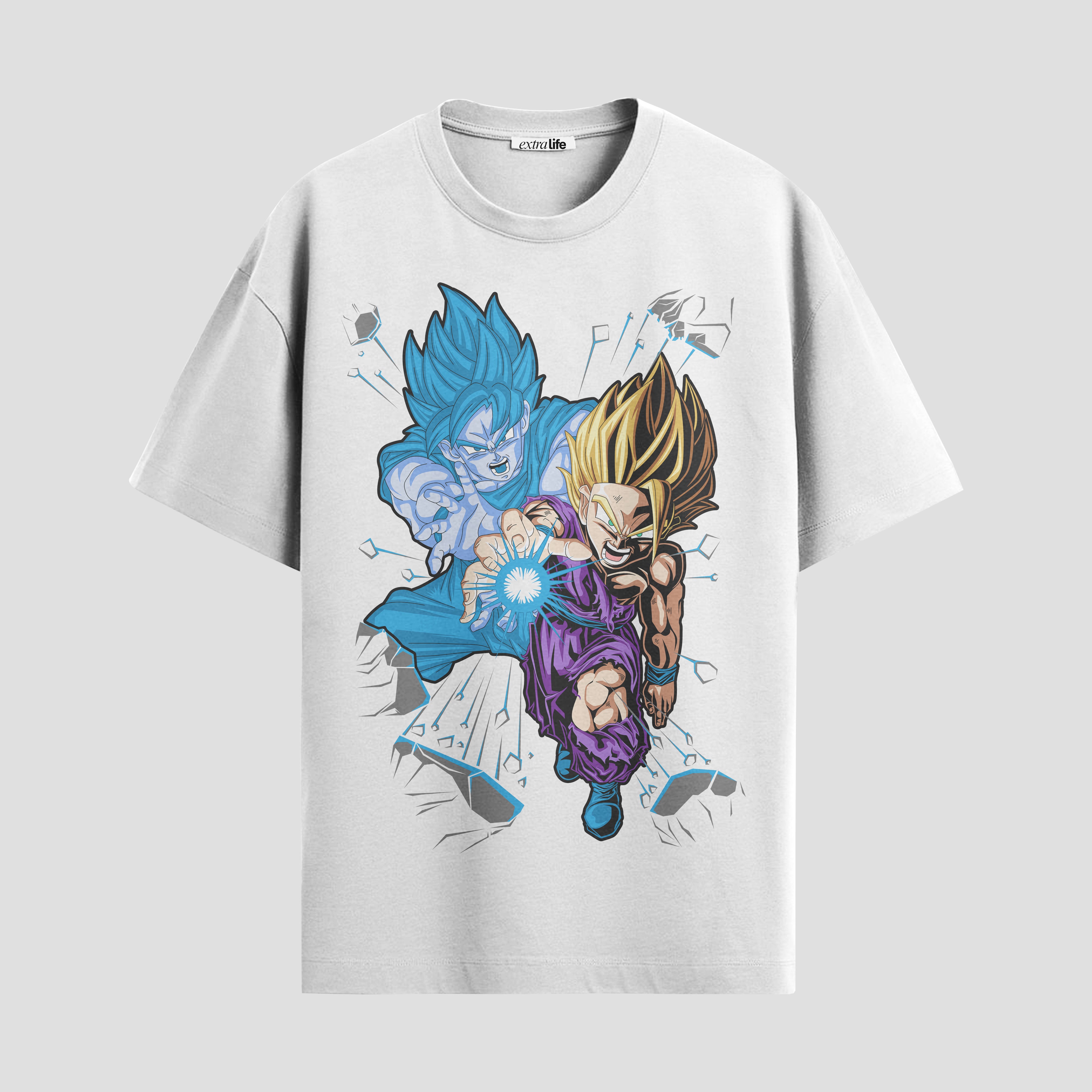 Playera urbana de anime y gaming ExtraLife MX, corte Standard Fit unisex ligero y transpirable en color Deep Black y Pure White, ropa de uso diario para gym y casual.