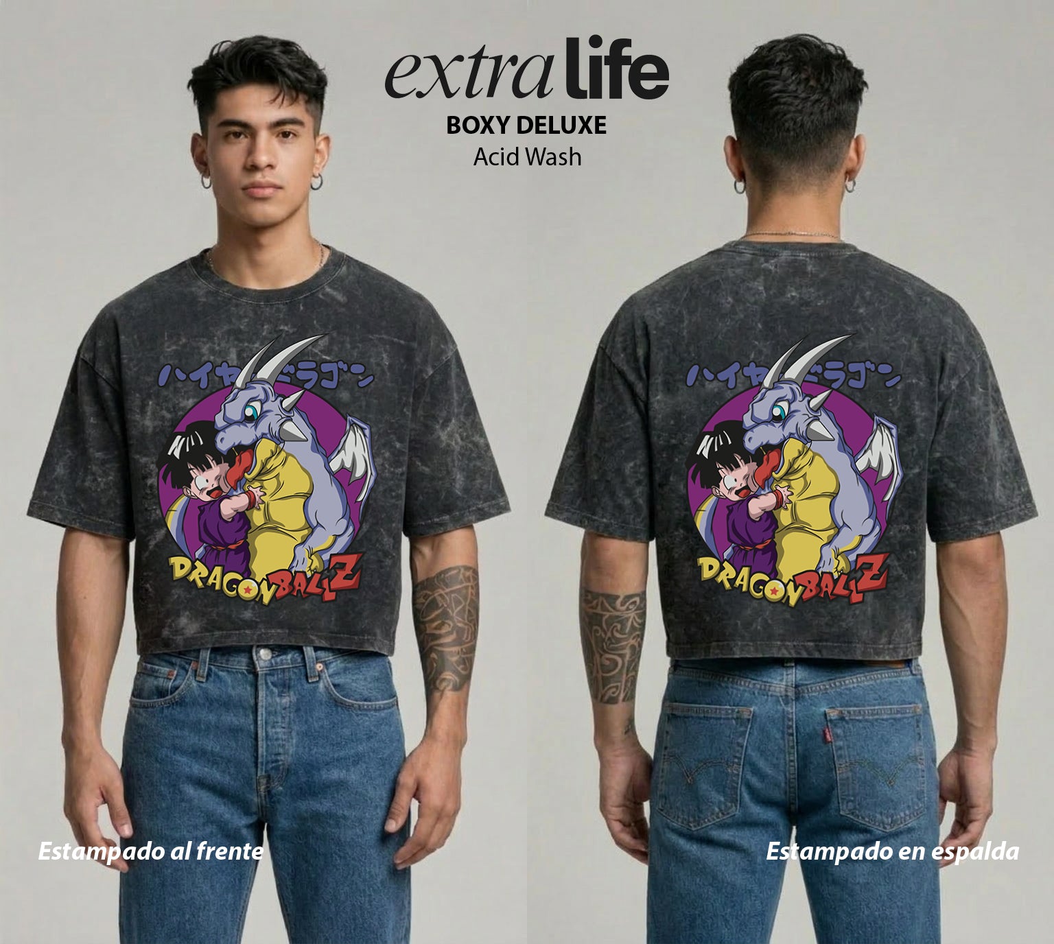 Playera streetwear premium de anime y gaming ExtraLife MX, corte boxy deluxe mineral wash heavyweight en color Acid Wash, moda urbana mexicana de culto.
