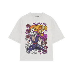 Playera streetwear premium de anime y gaming ExtraLife MX, corte boxy oversized drop shoulder heavyweight en color Deep Black y Off-White, moda urbana mexicana de culto.