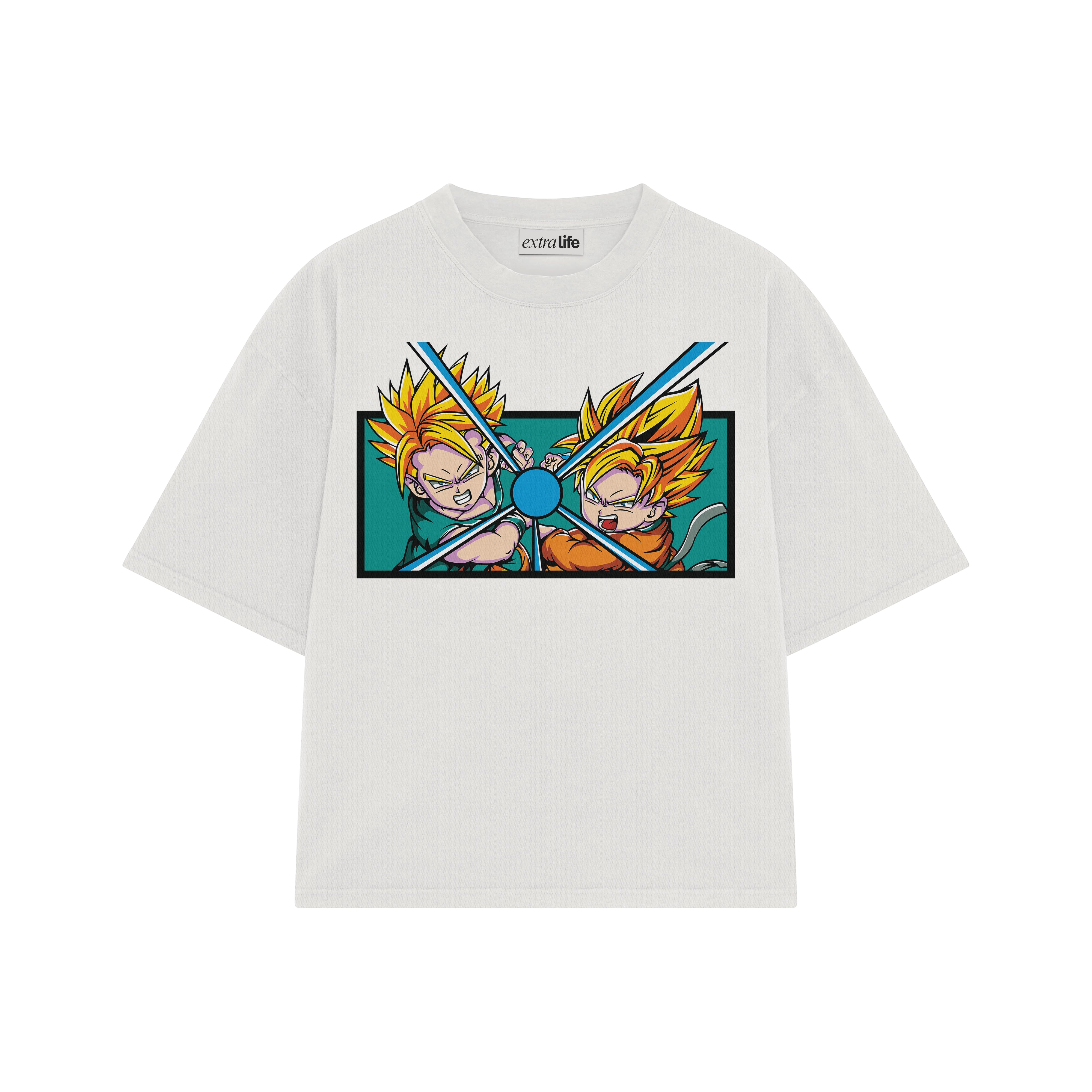 Playera streetwear premium de anime y gaming ExtraLife MX, corte boxy oversized drop shoulder heavyweight en color Deep Black y Off-White, moda urbana mexicana de culto.