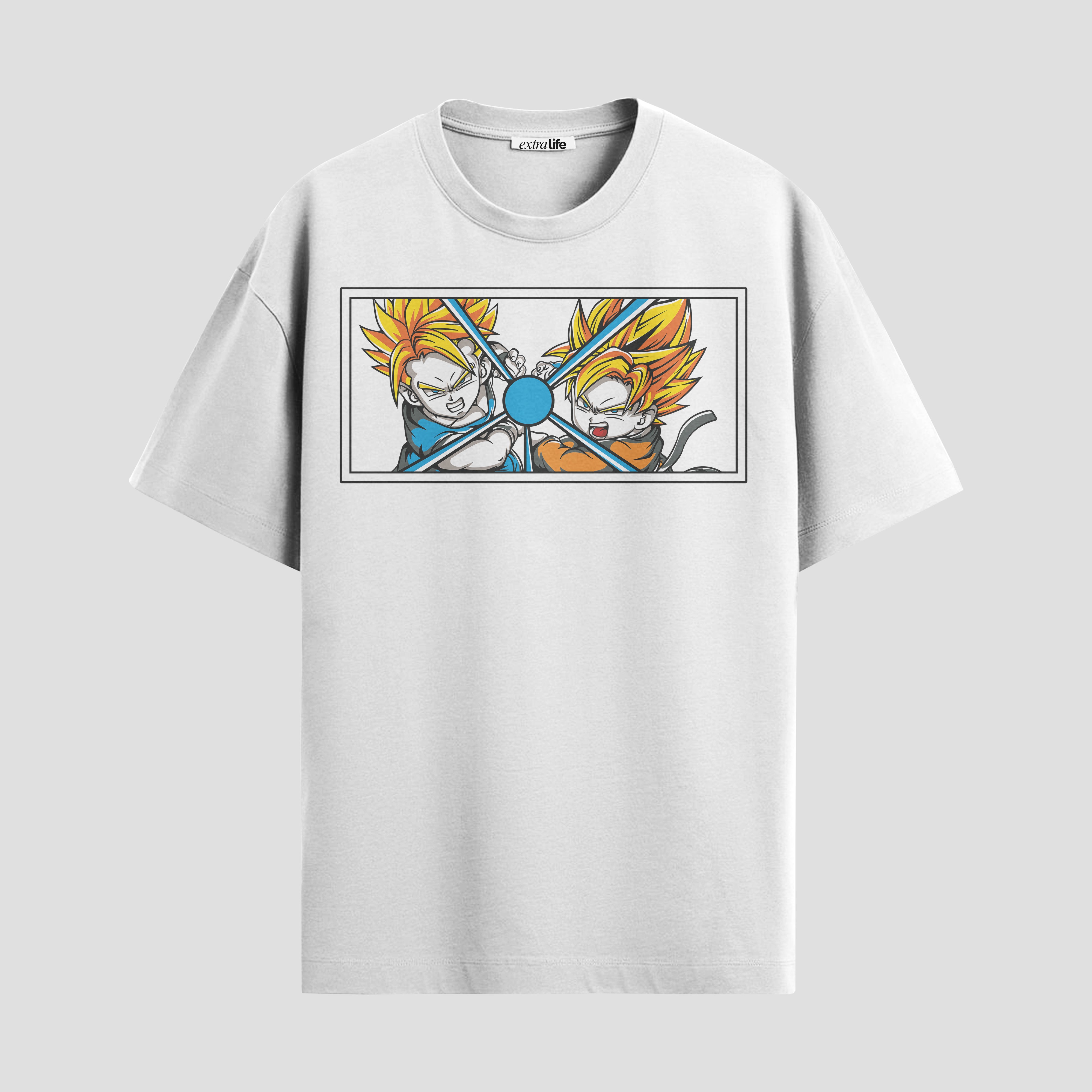 Playera urbana de anime y gaming ExtraLife MX, corte Standard Fit unisex ligero y transpirable en color Deep Black y Pure White, ropa de uso diario para gym y casual.