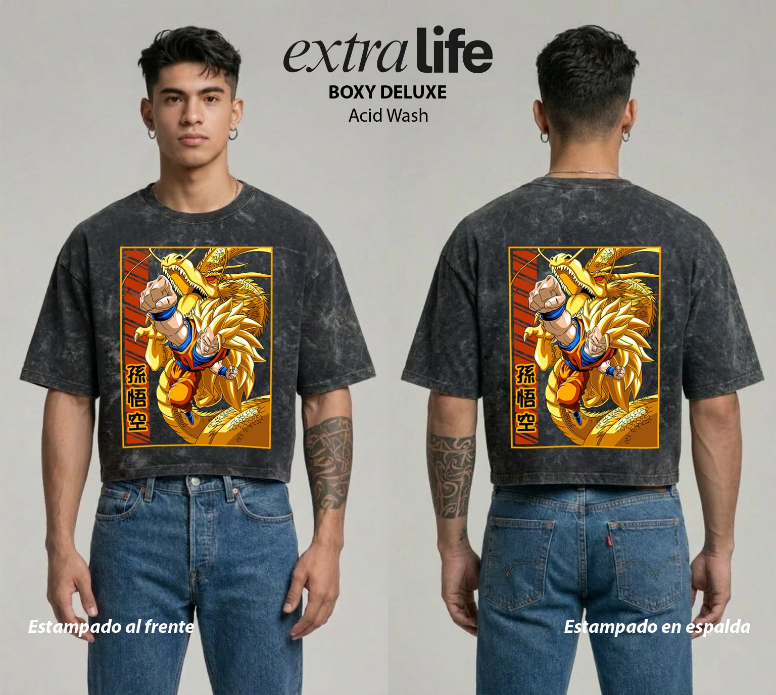 Playera streetwear premium de anime y gaming ExtraLife MX, corte boxy deluxe mineral wash heavyweight en color Acid Wash, moda urbana mexicana de culto.