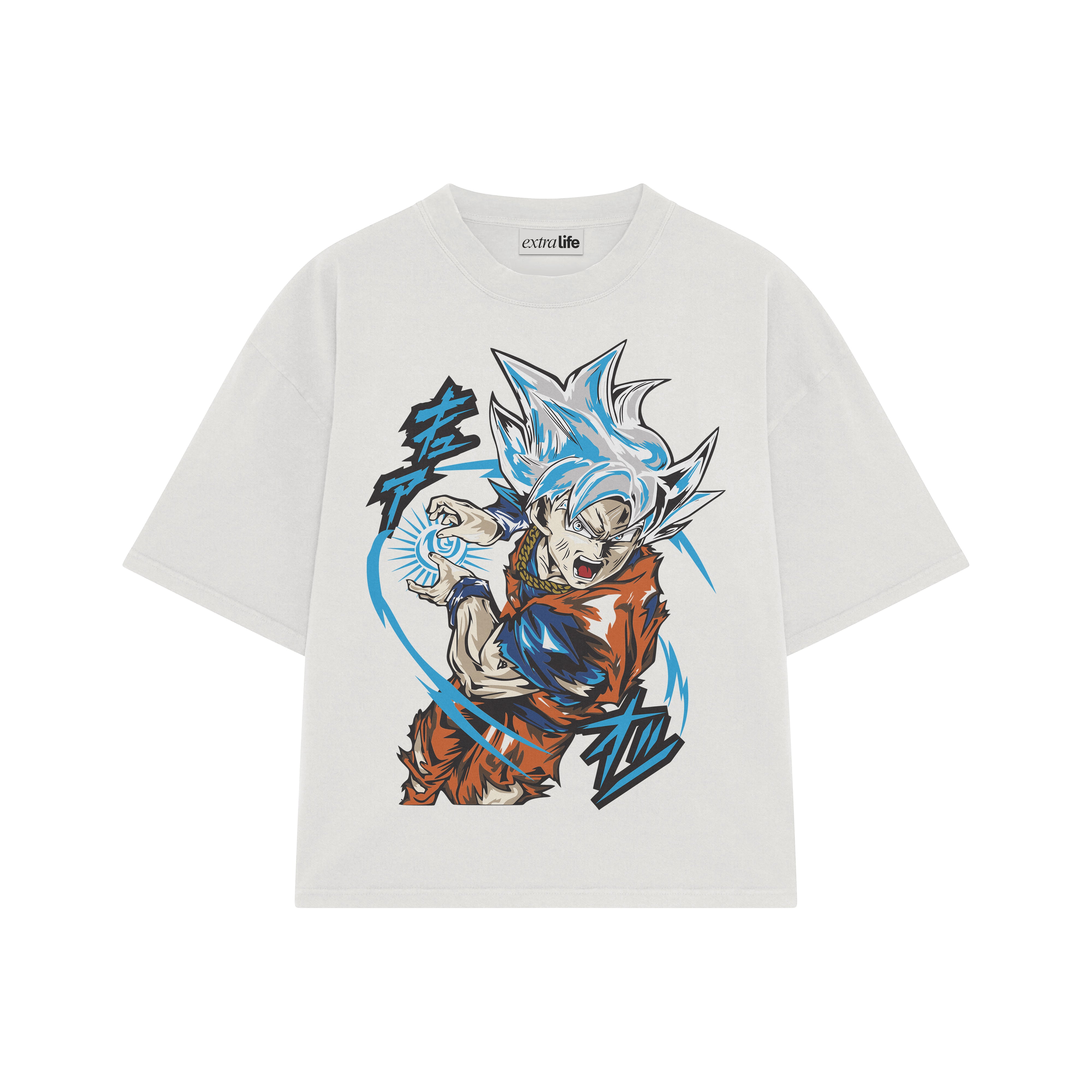 Playera streetwear premium de anime y gaming ExtraLife MX, corte boxy oversized drop shoulder heavyweight en color Deep Black y Off-White, moda urbana mexicana de culto.