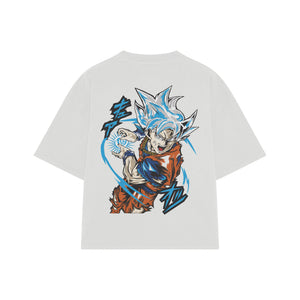 Playera streetwear premium de anime y gaming ExtraLife MX, corte boxy oversized drop shoulder heavyweight en color Deep Black y Off-White, moda urbana mexicana de culto.