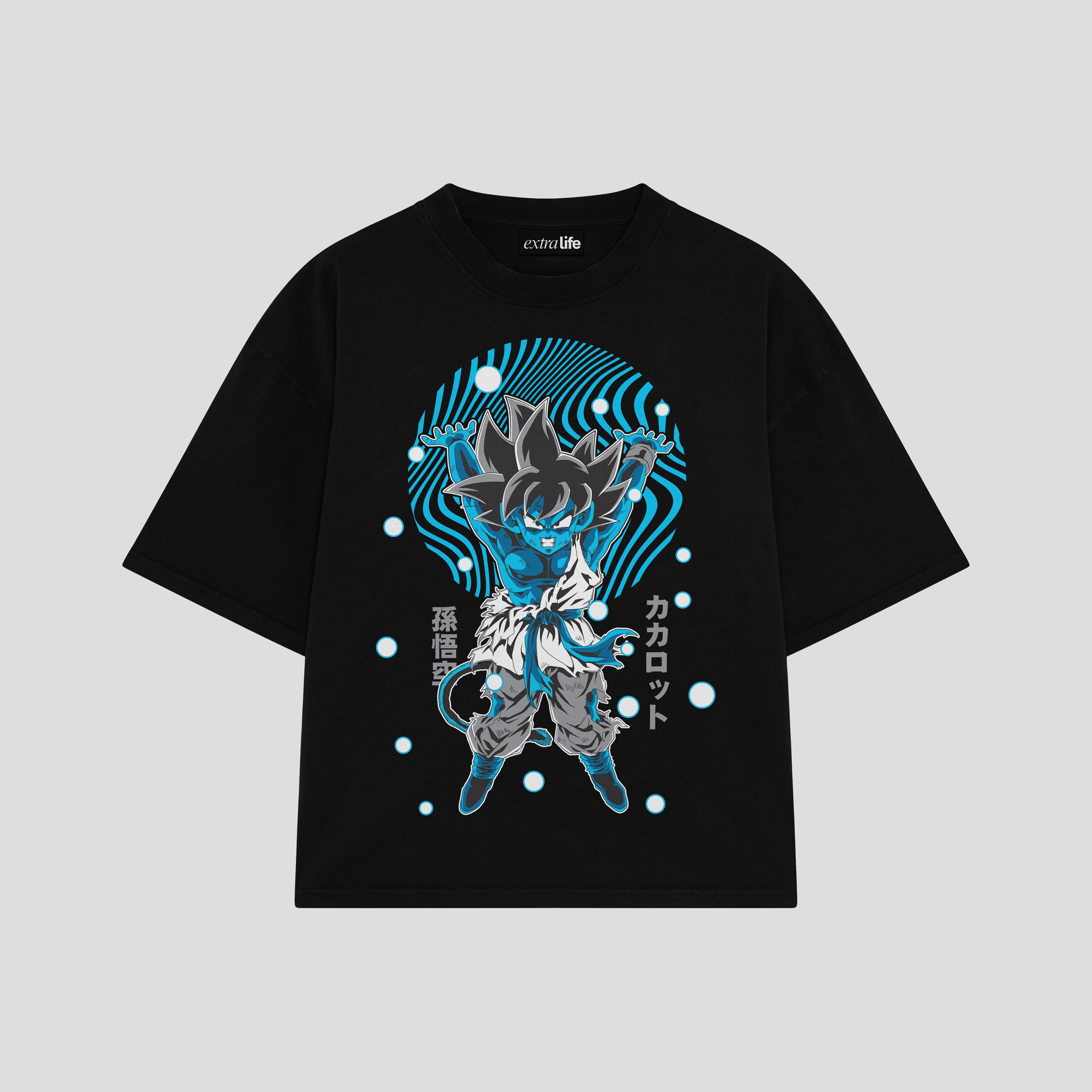Playera streetwear premium de anime y gaming ExtraLife MX, corte boxy oversized drop shoulder heavyweight en color Deep Black y Off-White, moda urbana mexicana de culto.