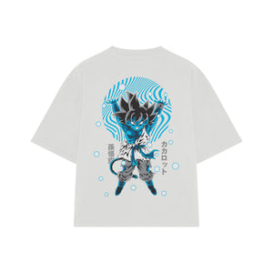 Playera streetwear premium de anime y gaming ExtraLife MX, corte boxy oversized drop shoulder heavyweight en color Deep Black y Off-White, moda urbana mexicana de culto.