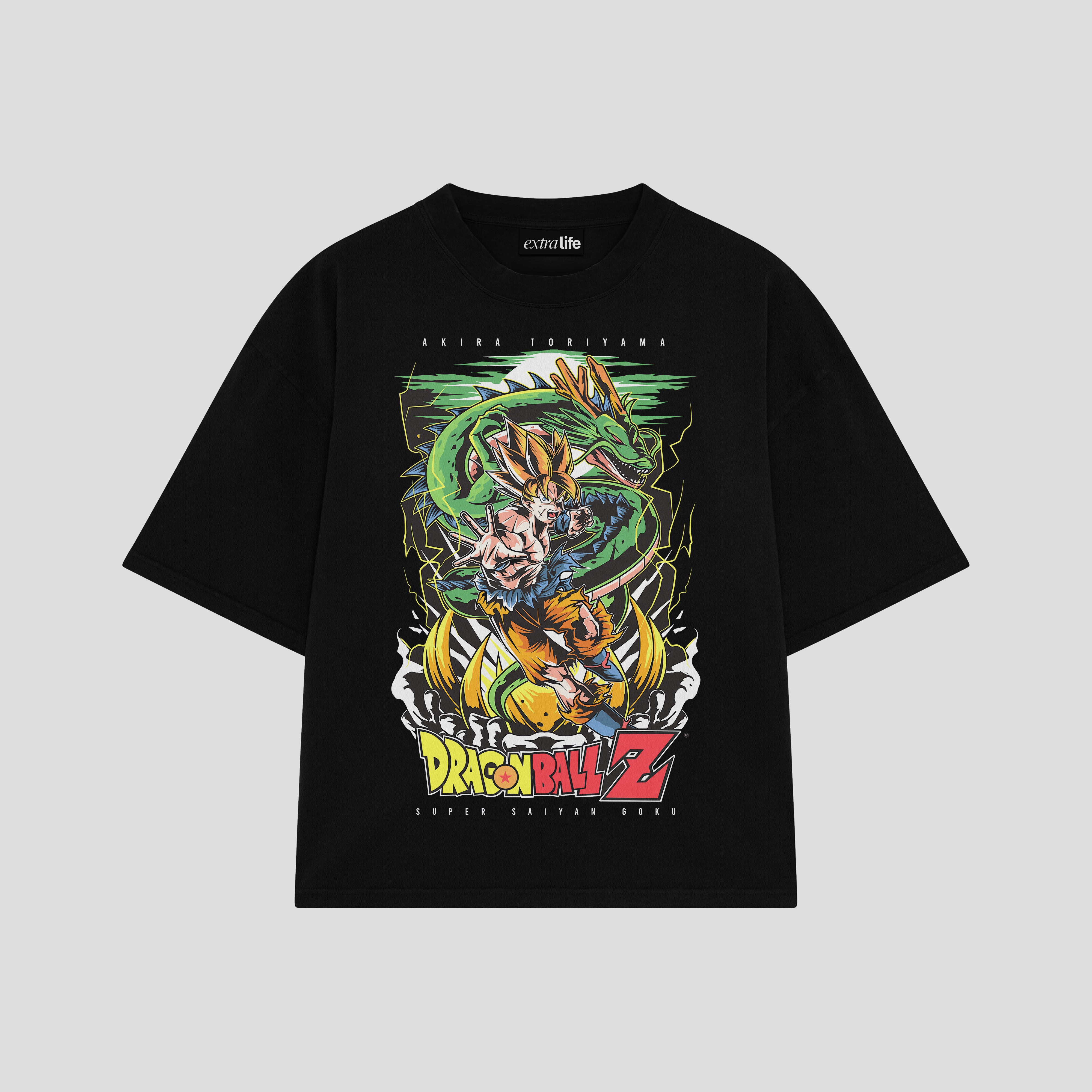 Playera streetwear premium de anime y gaming ExtraLife MX, corte boxy oversized drop shoulder heavyweight en color Deep Black y Off-White, moda urbana mexicana de culto.