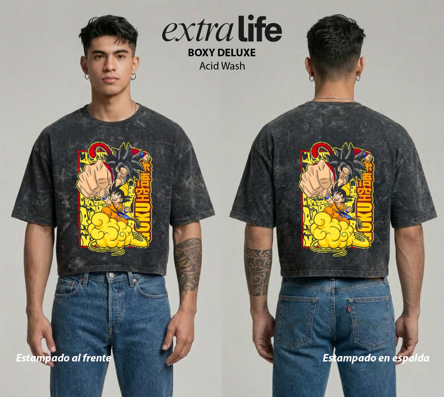 Playera streetwear premium de anime y gaming ExtraLife MX, corte boxy deluxe mineral wash heavyweight en color Acid Wash, moda urbana mexicana de culto.