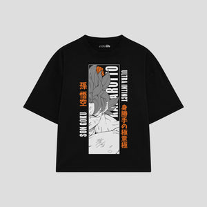 Playera streetwear premium de anime y gaming ExtraLife MX, corte boxy oversized drop shoulder heavyweight en color Deep Black y Off-White, moda urbana mexicana de culto.