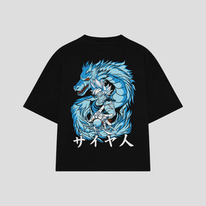 Playera streetwear premium de anime y gaming ExtraLife MX, corte boxy oversized drop shoulder heavyweight en color Deep Black y Off-White, moda urbana mexicana de culto.