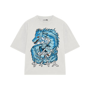 Playera streetwear premium de anime y gaming ExtraLife MX, corte boxy oversized drop shoulder heavyweight en color Deep Black y Off-White, moda urbana mexicana de culto.